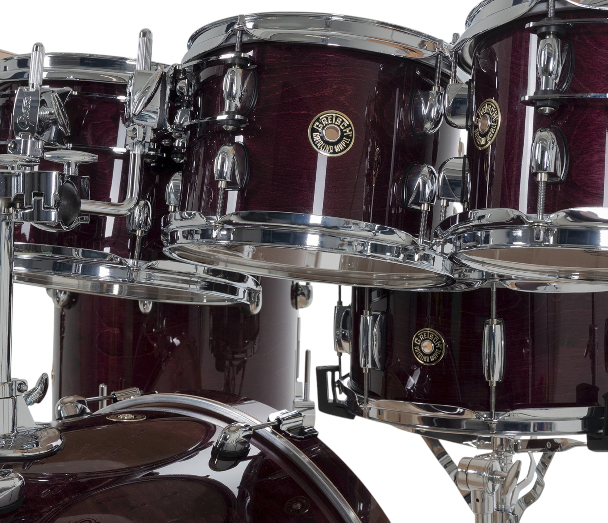 Gretsch Catalina Maple 22" 7-piece drum kit in Purple Gloss – bass drum-mounted multi-tom holder close-up