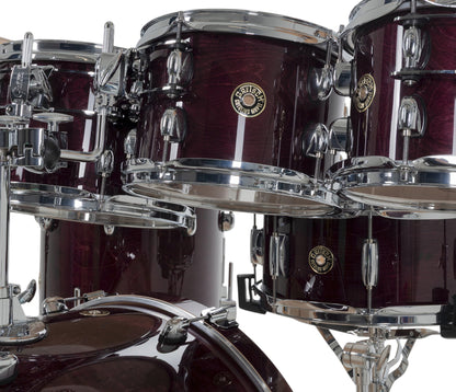 Gretsch Catalina Maple 22" 7-piece drum kit in Purple Gloss – bass drum-mounted multi-tom holder close-up