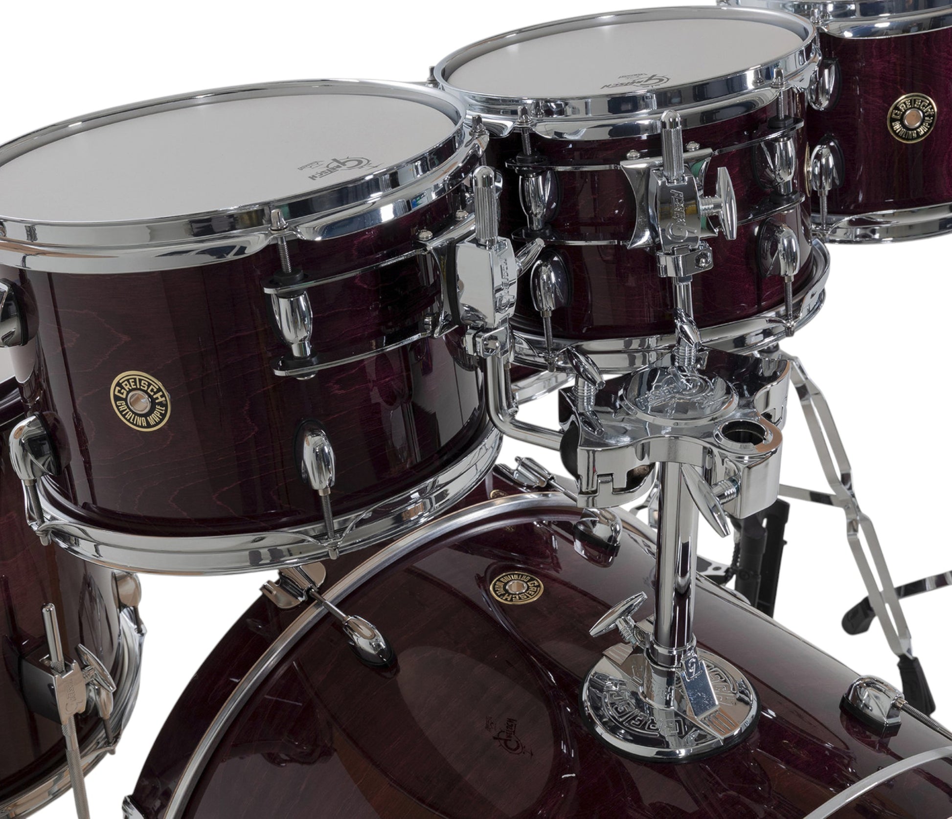 Gretsch Catalina Maple 22" 7-piece drum kit in Purple Gloss – rack tom and floor tom shell close-up