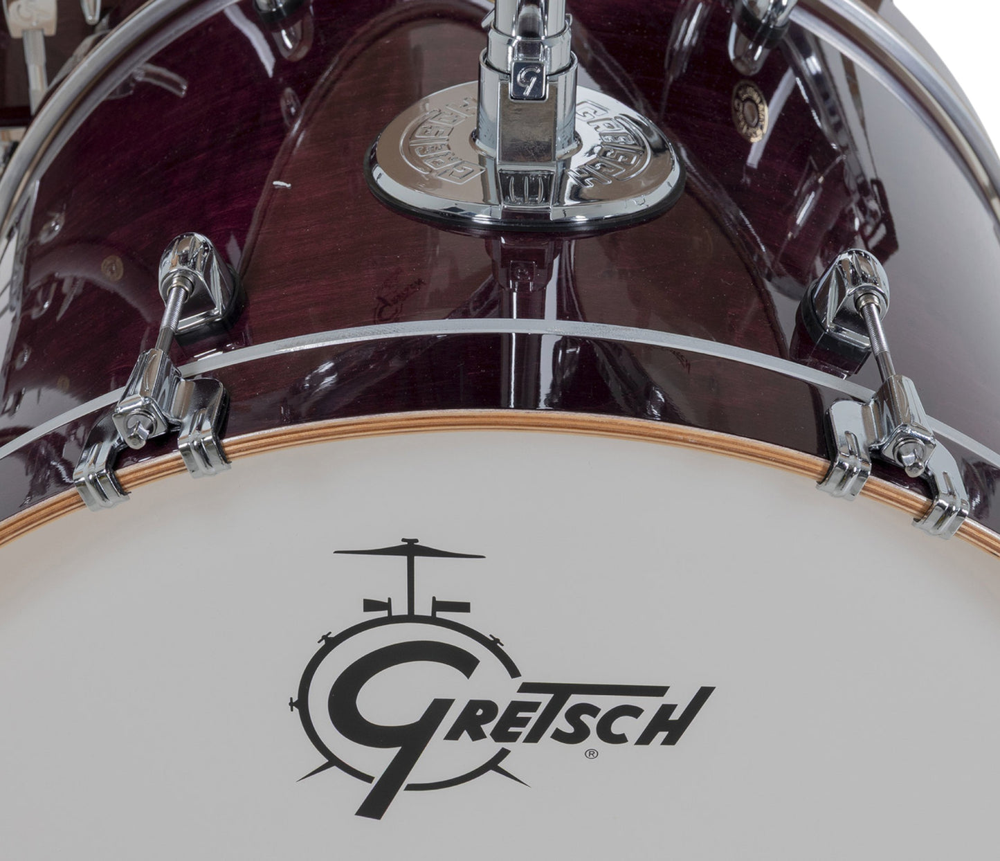 Gretsch Catalina Maple 22" 7-piece drum kit in Purple Gloss – rack tom and GTS mount close-up