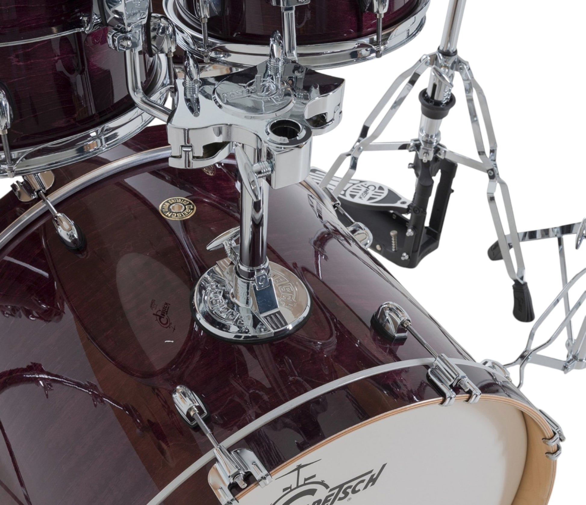 Gretsch Catalina Maple 22" 7-piece drum kit in Purple Gloss – overhead drumhead and shell layout