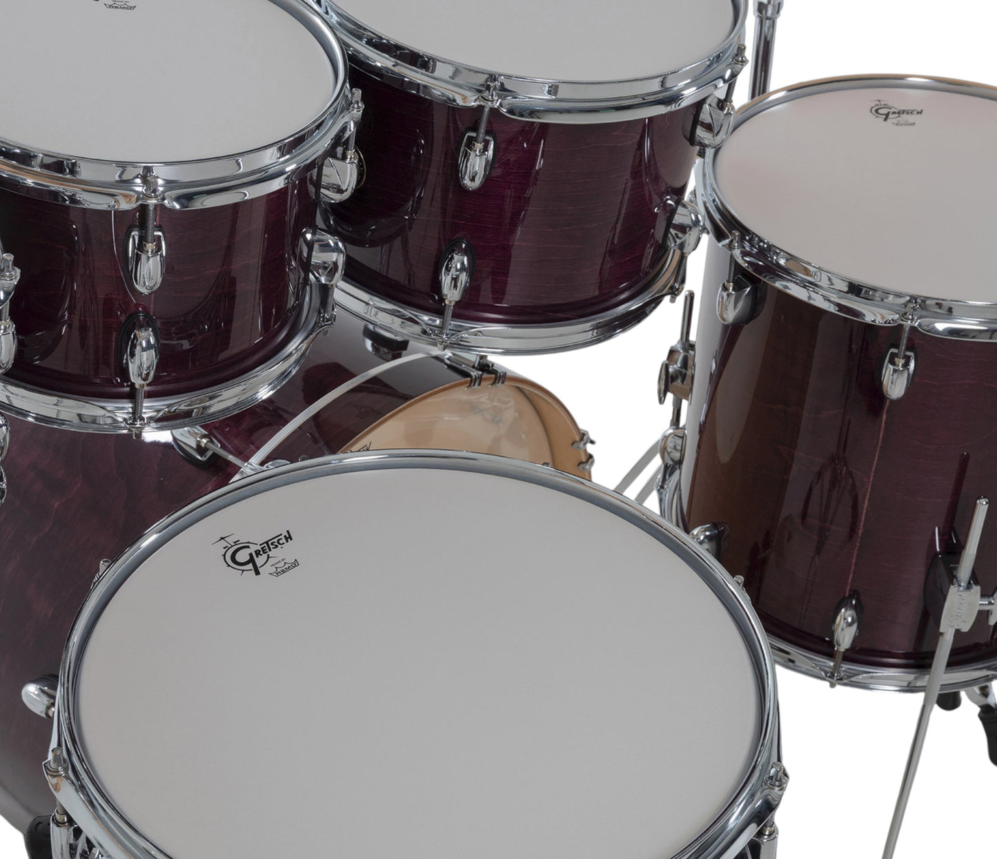 Gretsch Catalina Maple 22" 7-piece drum kit in Purple Gloss – matching bass drum hoop and claw detail
