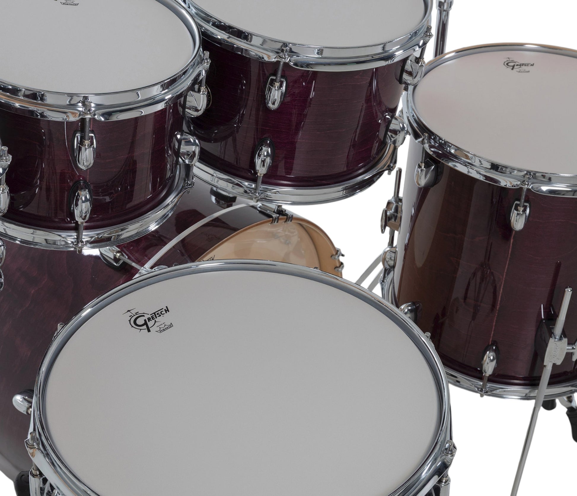 Gretsch Catalina Maple 22" 7-piece drum kit in Purple Gloss – matching bass drum hoop and claw detail