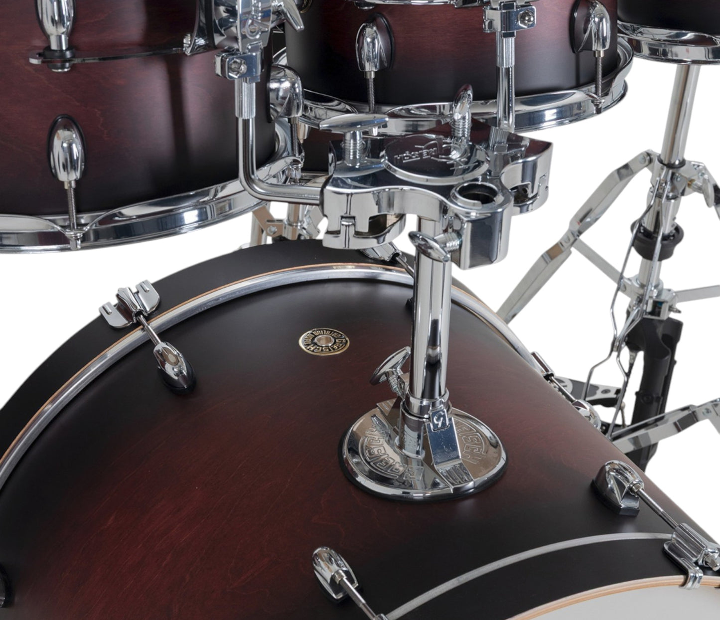 Gretsch Catalina Maple 22" 7-piece drum kit in Satin Deep Cherry Burst – bass drum-mounted multi-tom holder close-up