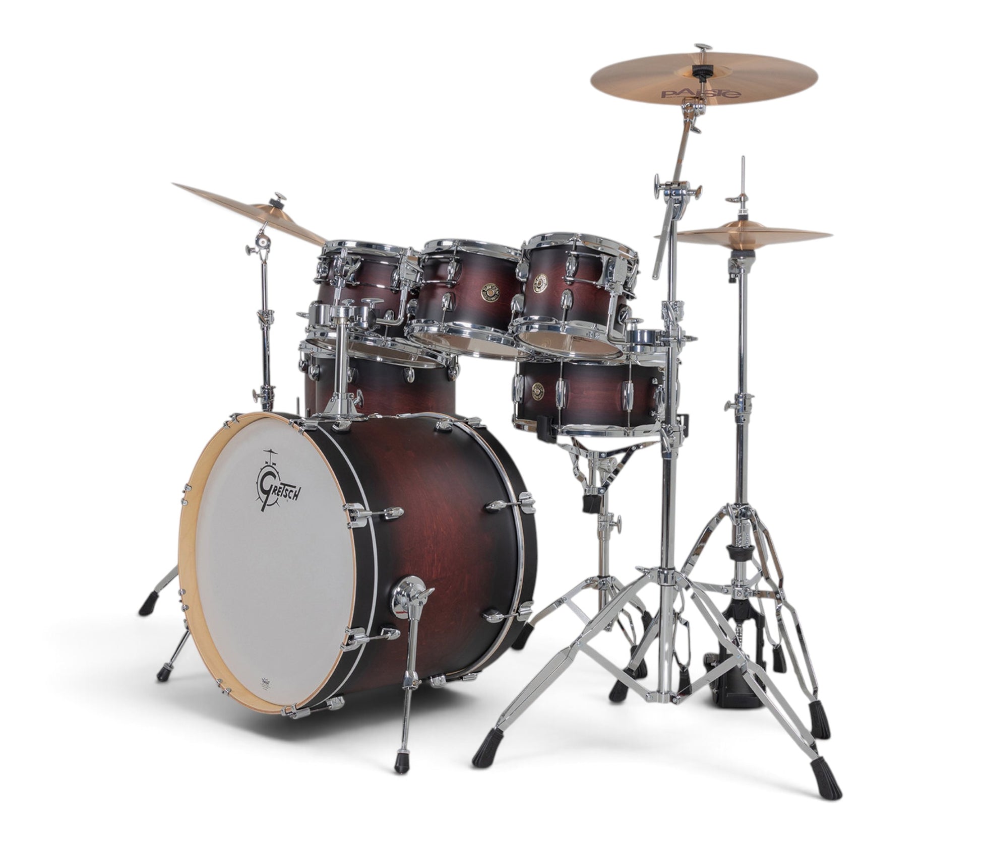 Gretsch Catalina Maple 22" 7-piece drum kit in Satin Deep Cherry Burst – rack tom and floor tom shell close-up