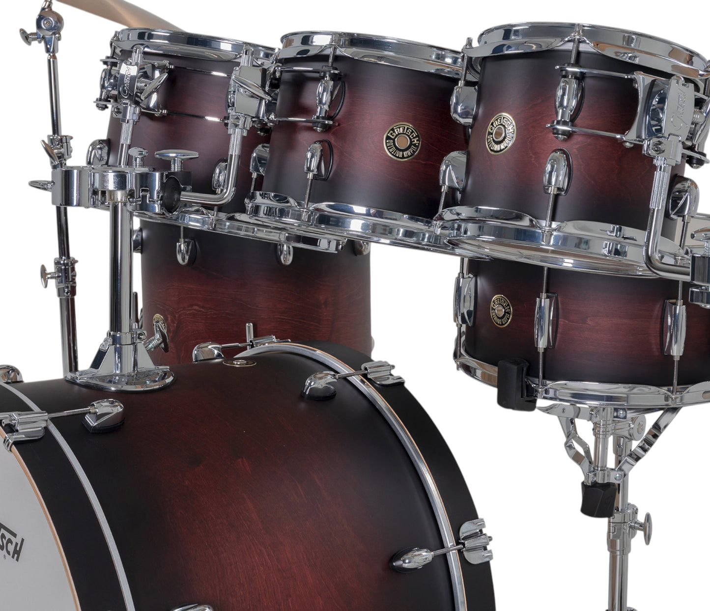 Gretsch Catalina Maple 22" 7-piece drum kit in Satin Deep Cherry Burst – rack tom and GTS mount close-up
