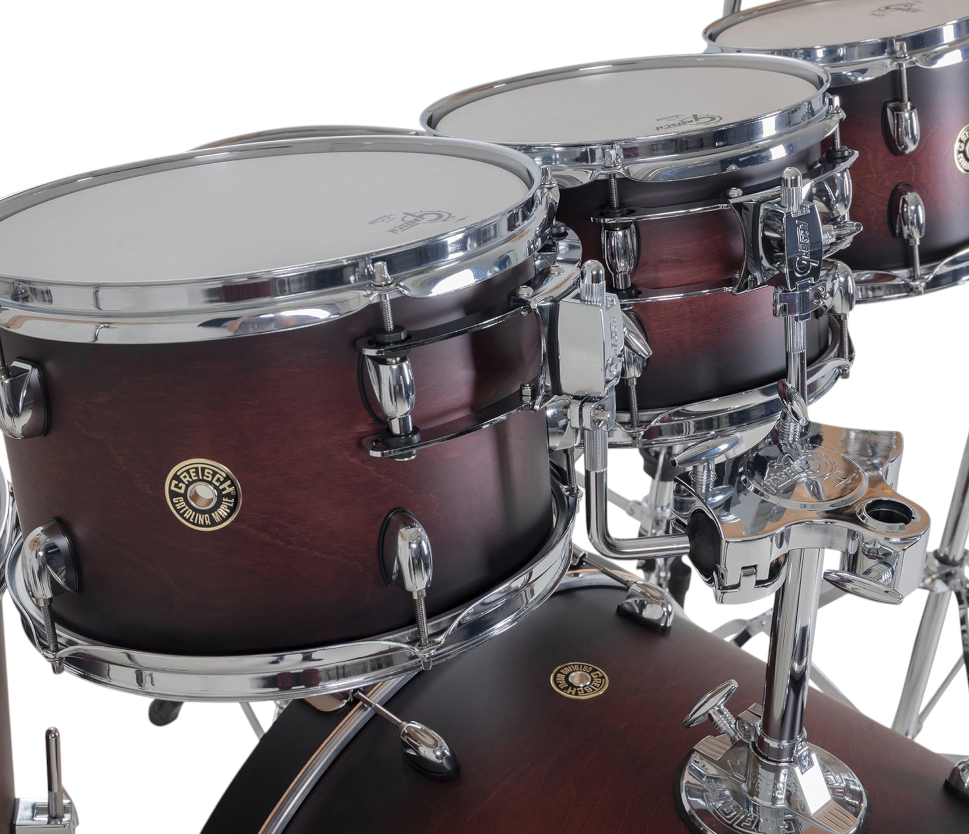 Gretsch Catalina Maple 22" 7-piece drum kit in Satin Deep Cherry Burst – overhead drumhead and shell layout
