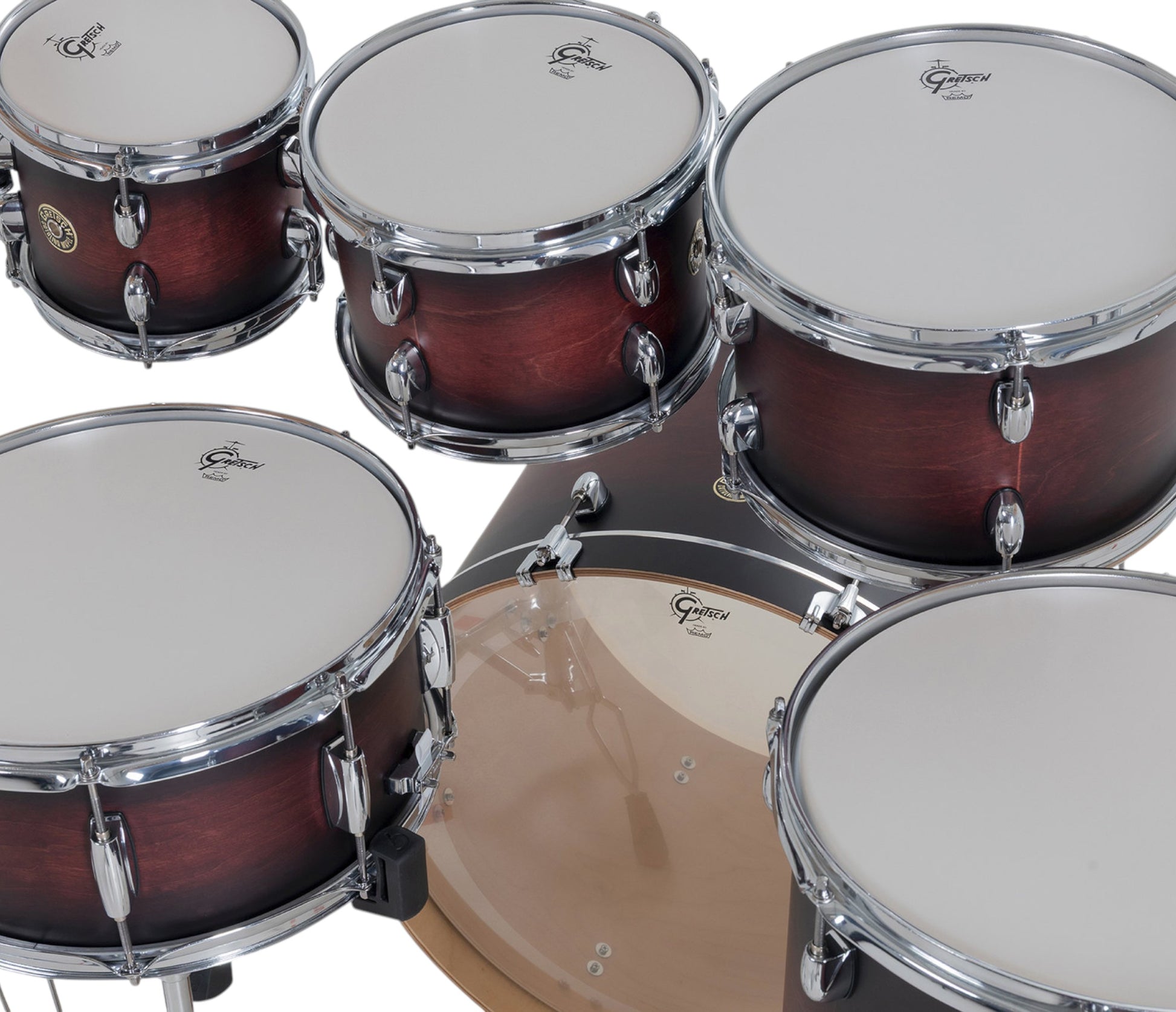 Gretsch Catalina Maple 22" 7-piece drum kit in Satin Deep Cherry Burst – matching bass drum hoop and claw detail