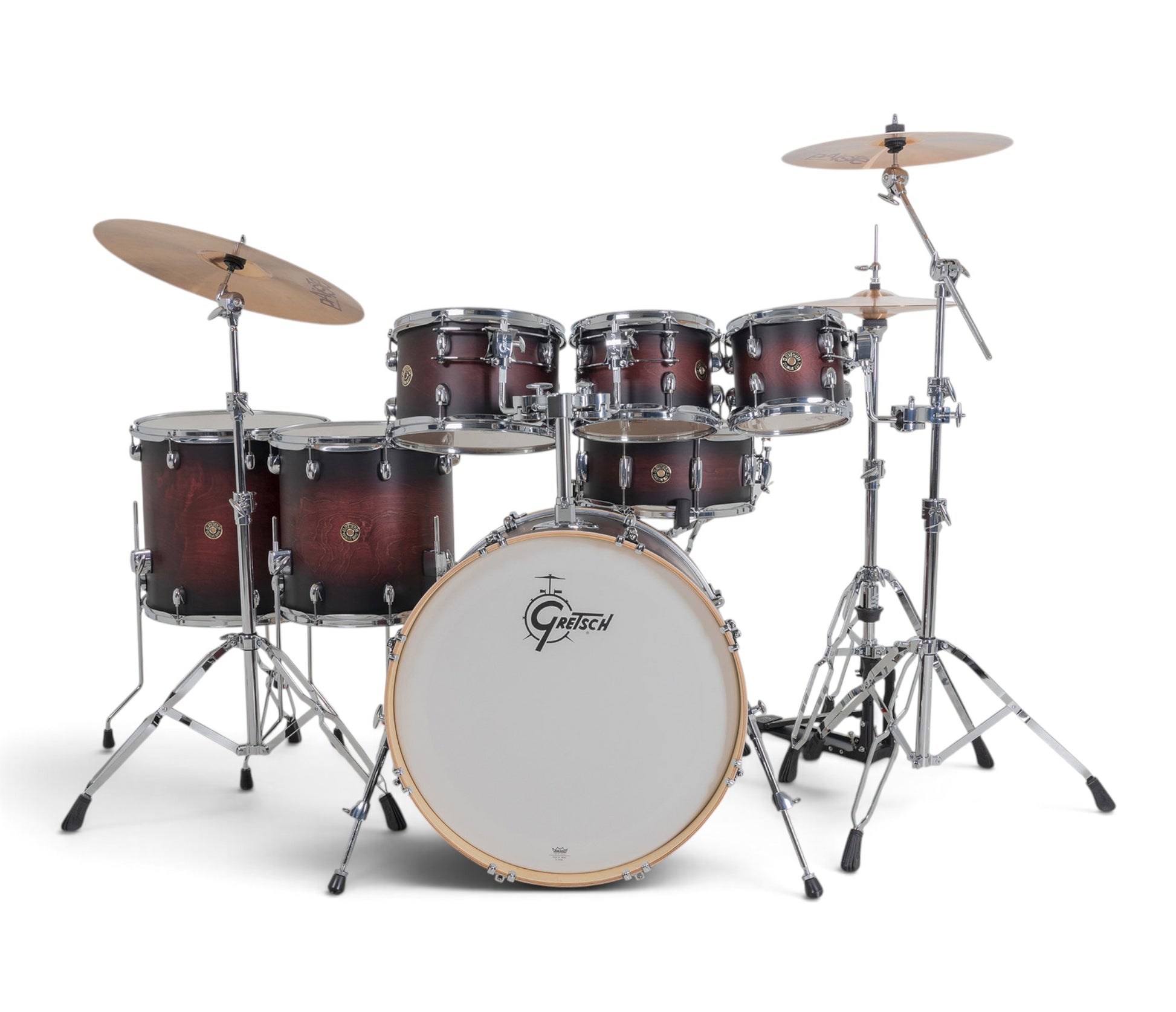 Gretsch Catalina Maple 22" 7-piece drum kit in Satin Deep Cherry Burst – drummer's-side view