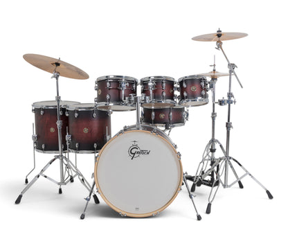Gretsch Catalina Maple 22" 7-piece drum kit in Satin Deep Cherry Burst – drummer's-side view
