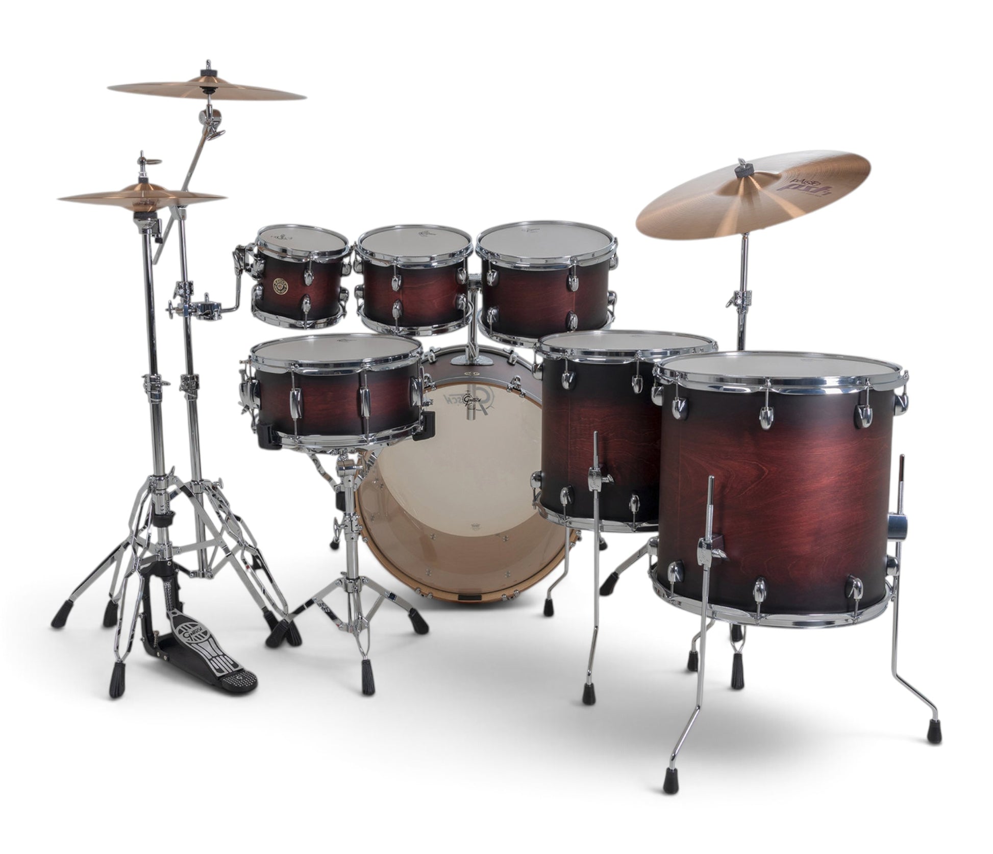 Gretsch Catalina Maple 22" 7-piece drum kit in Satin Deep Cherry Burst – right three-quarter view