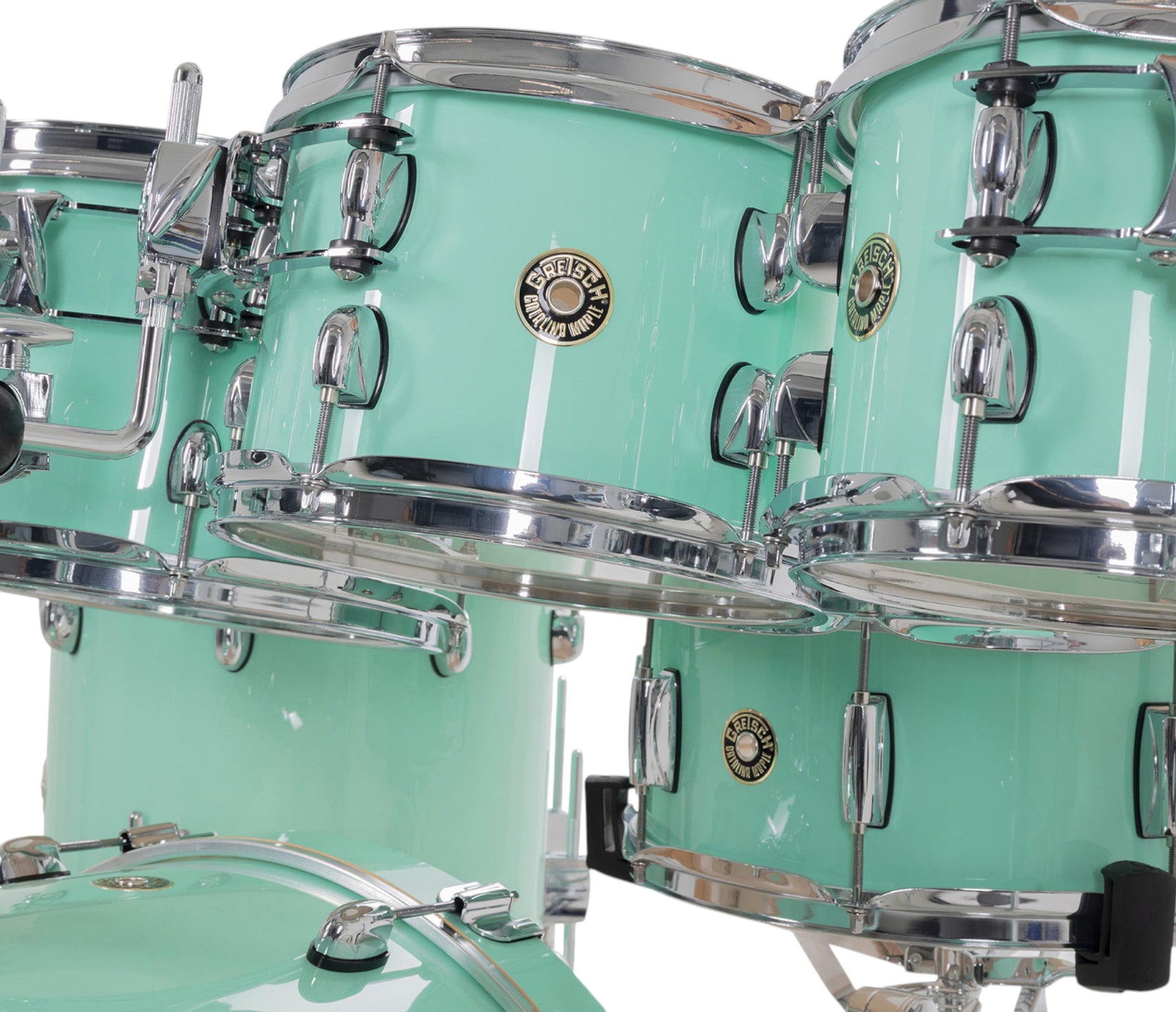 Gretsch Catalina Maple 22" 7-piece drum kit in Seafoam Green – bass drum-mounted multi-tom holder close-up