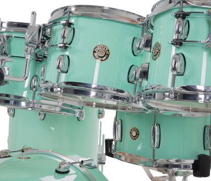 Gretsch Catalina Maple 22" 7-piece drum kit in Seafoam Green – bass drum-mounted multi-tom holder close-up