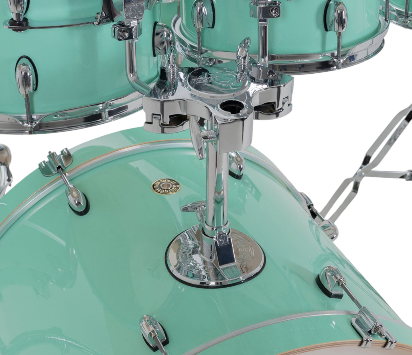 Gretsch Catalina Maple 22" 7-piece drum kit in Seafoam Green – rack tom and floor tom shell close-up