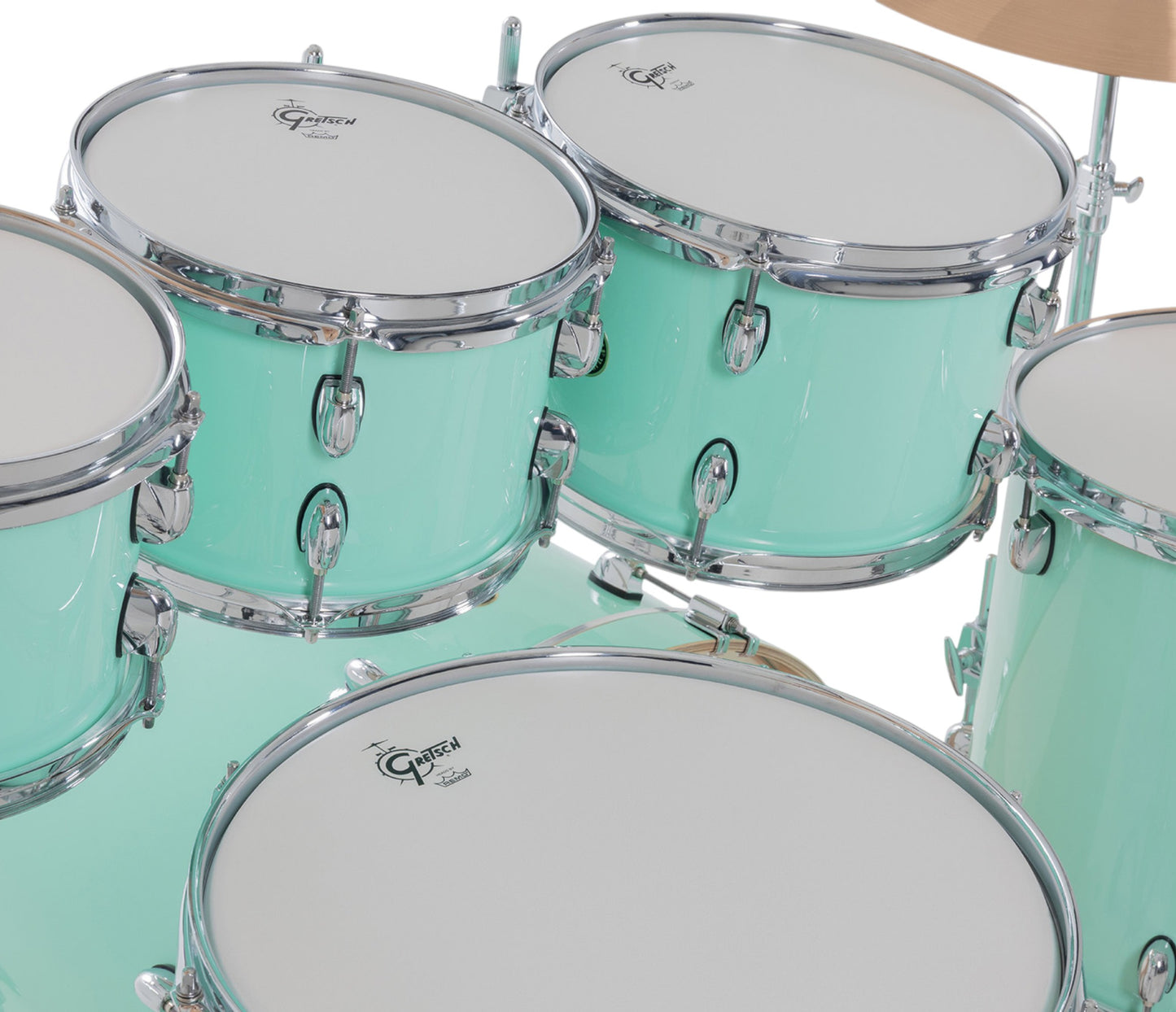 Gretsch Catalina Maple 22" 7-piece drum kit in Seafoam Green – overhead drumhead and shell layout