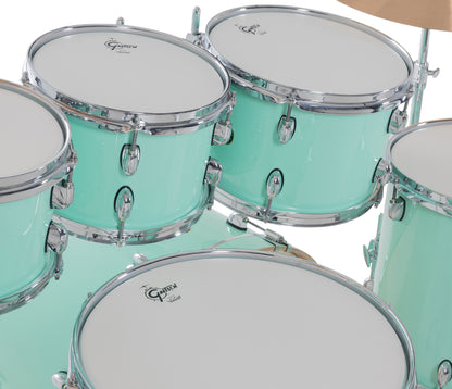 Gretsch Catalina Maple 22" 7-piece drum kit in Seafoam Green – overhead drumhead and shell layout