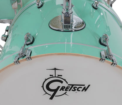 Gretsch Catalina Maple 22" 7-piece drum kit in Seafoam Green – matching bass drum hoop and claw detail