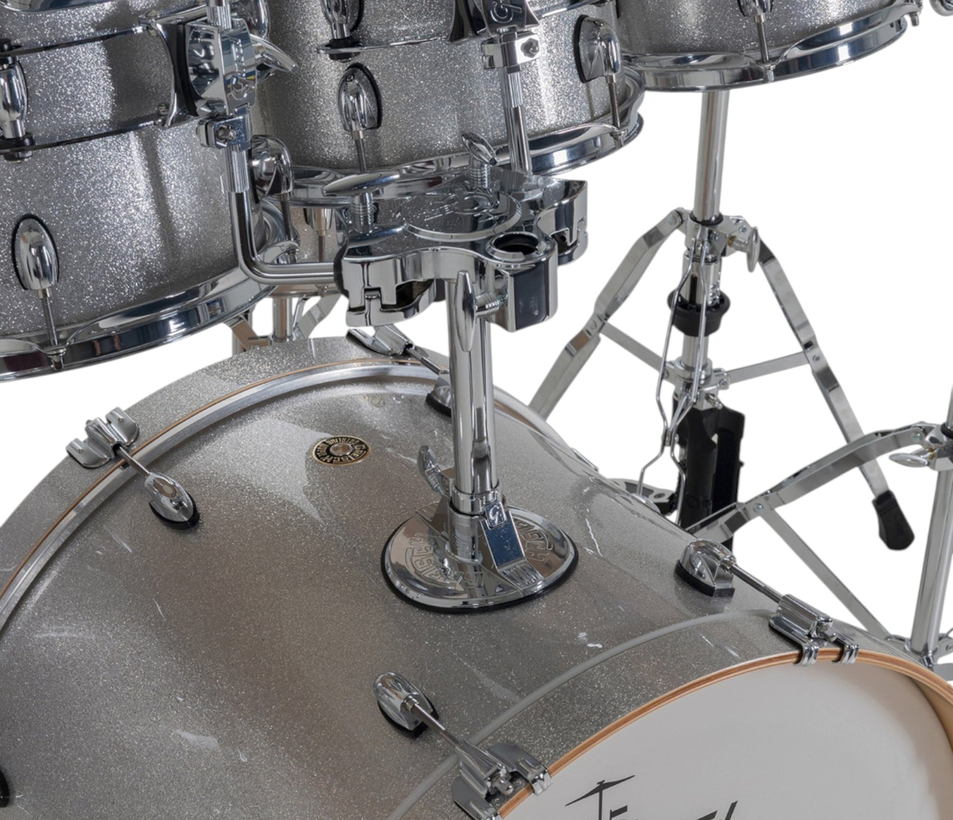 Gretsch Catalina Maple 22" 7-piece drum kit in Silver Sparkle – bass drum-mounted multi-tom holder close-up