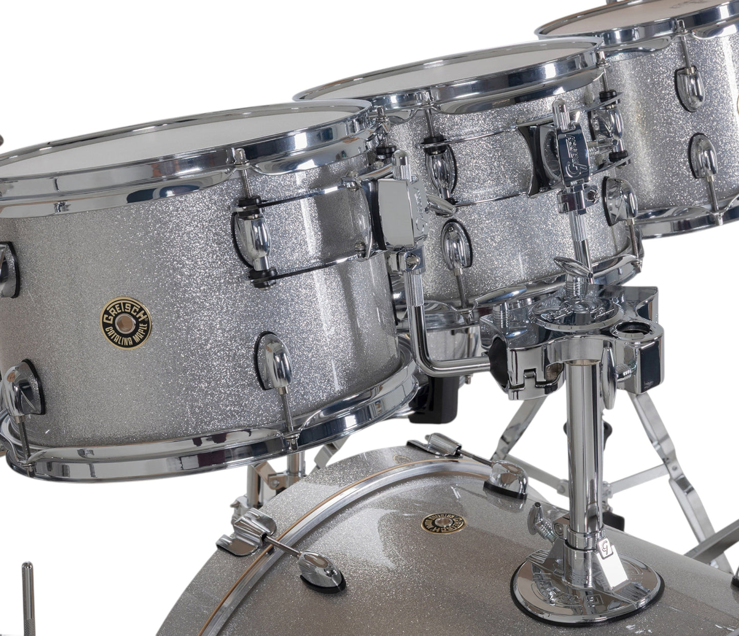 Gretsch Catalina Maple 22" 7-piece drum kit in Silver Sparkle – rack tom and floor tom shell close-up