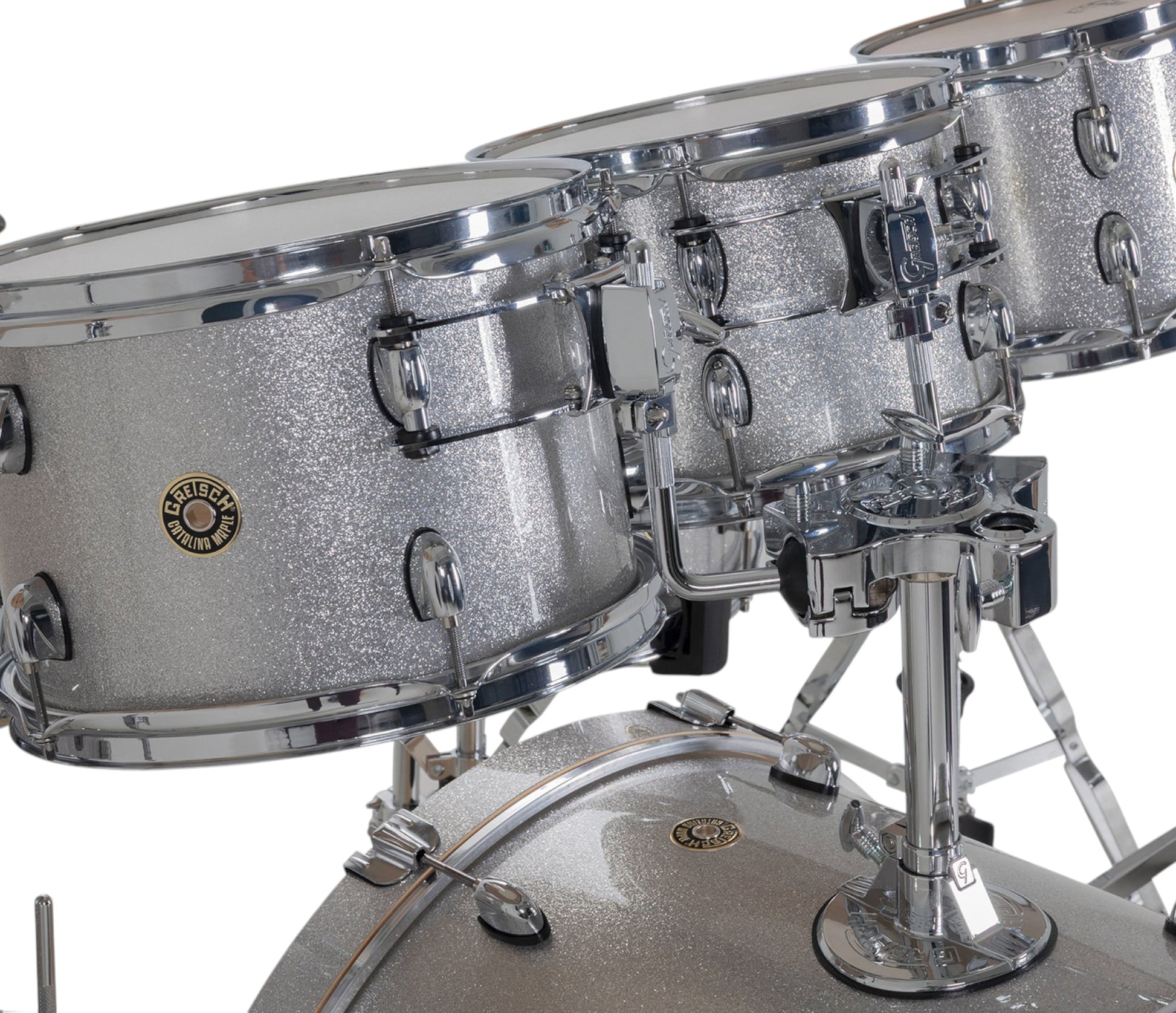 Gretsch Catalina Maple 22" 7-piece drum kit in Silver Sparkle – rack tom and floor tom shell close-up