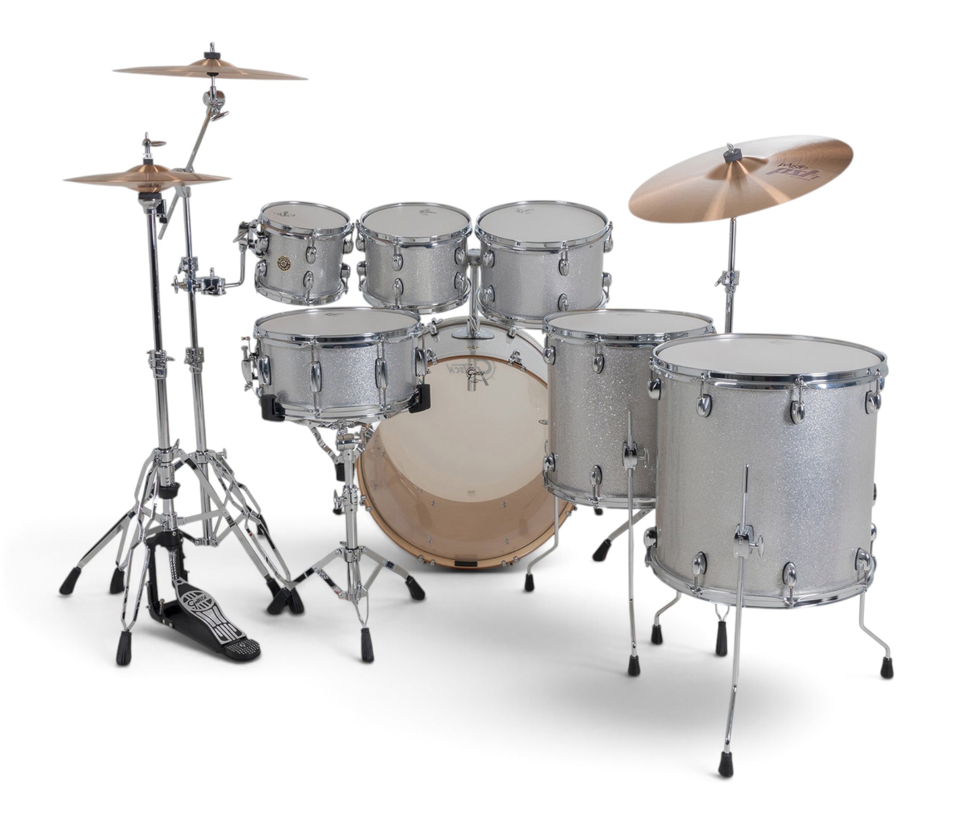 Gretsch Catalina Maple 22" 7-piece drum kit in Silver Sparkle – drummer's-side view