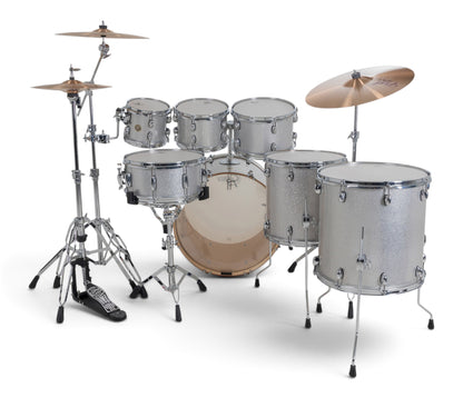 Gretsch Catalina Maple 22" 7-piece drum kit in Silver Sparkle – drummer's-side view