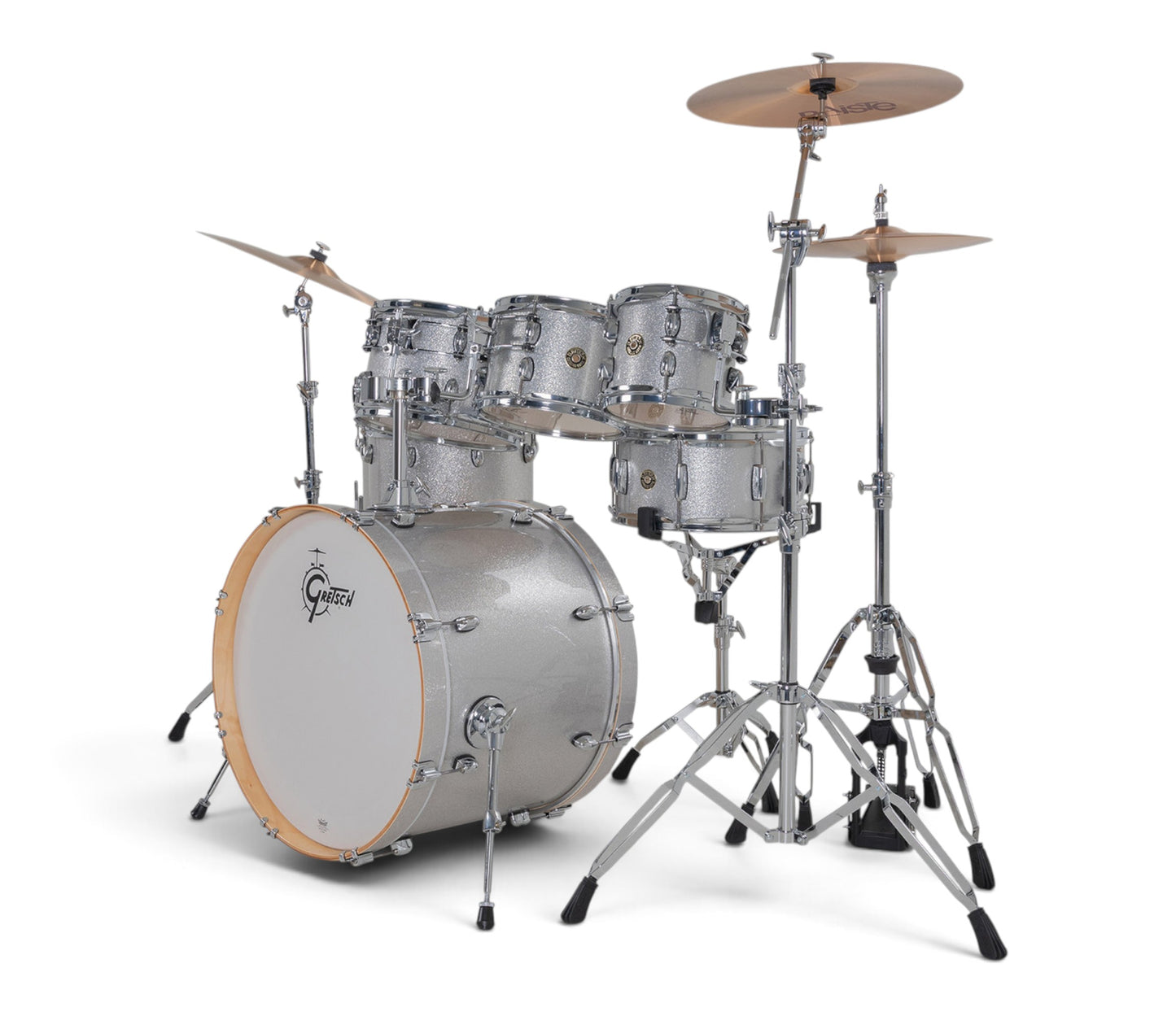 Gretsch Catalina Maple 22" 7-piece drum kit in Silver Sparkle – right three-quarter view