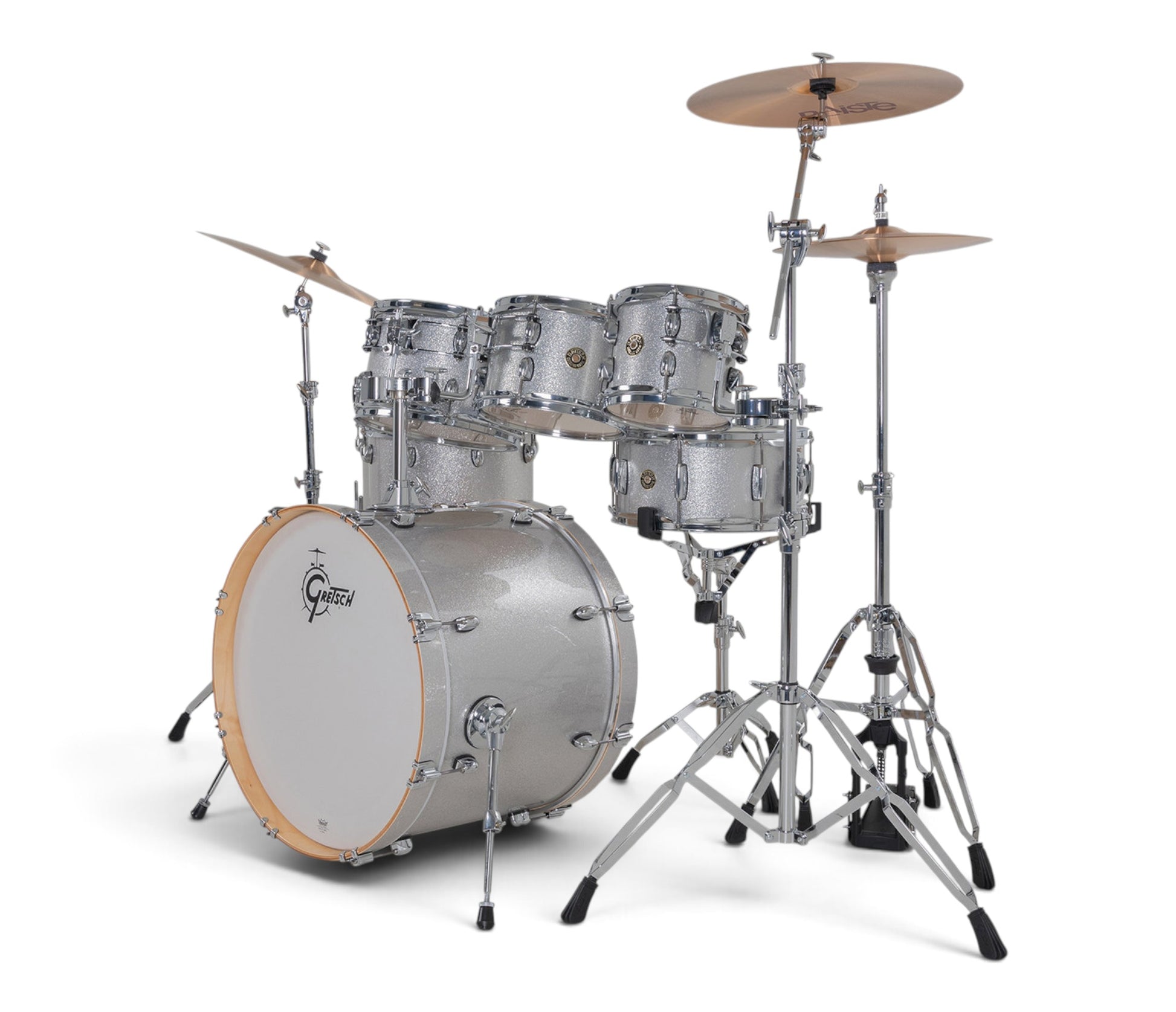 Gretsch Catalina Maple 22" 7-piece drum kit in Silver Sparkle – right three-quarter view