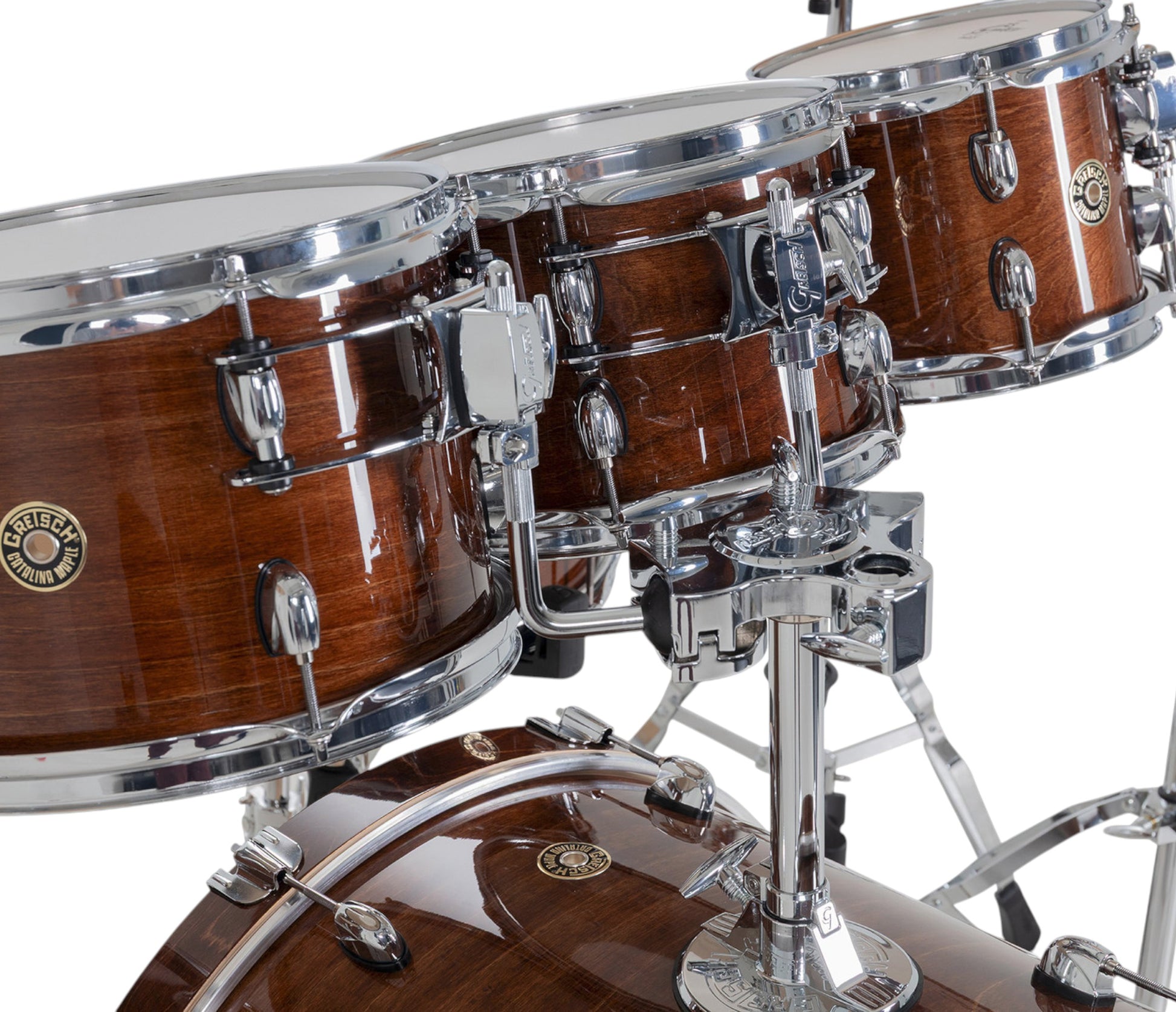 Gretsch Catalina Maple 22" 7-piece drum kit in Walnut Glaze – bass drum-mounted multi-tom holder close-up