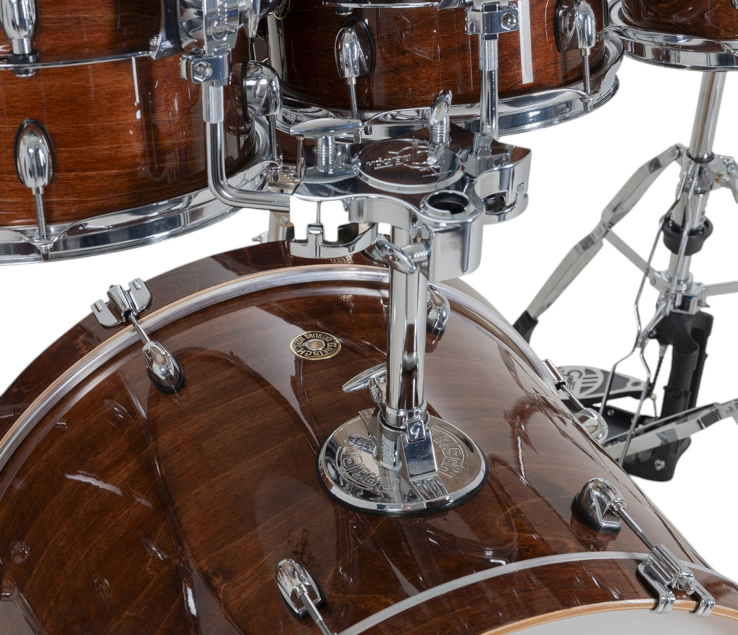 Gretsch Catalina Maple 22" 7-piece drum kit in Walnut Glaze – rack tom and GTS mount close-up