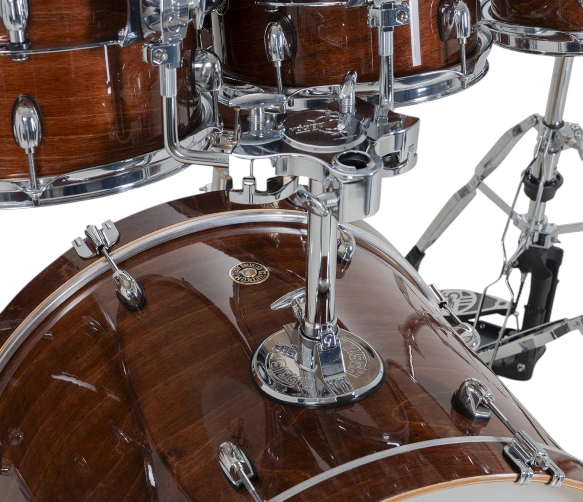 Gretsch Catalina Maple 22" 7-piece drum kit in Walnut Glaze – rack tom and GTS mount close-up
