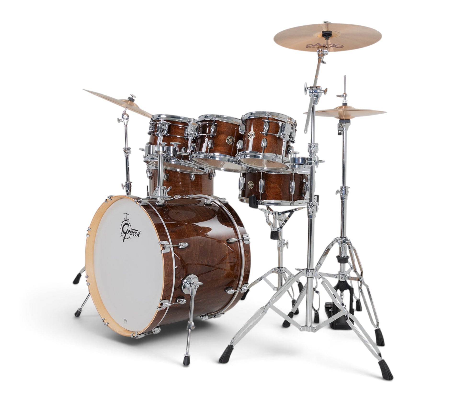 Gretsch Catalina Maple 22" 7-piece drum kit in Walnut Glaze – drummer's-side view
