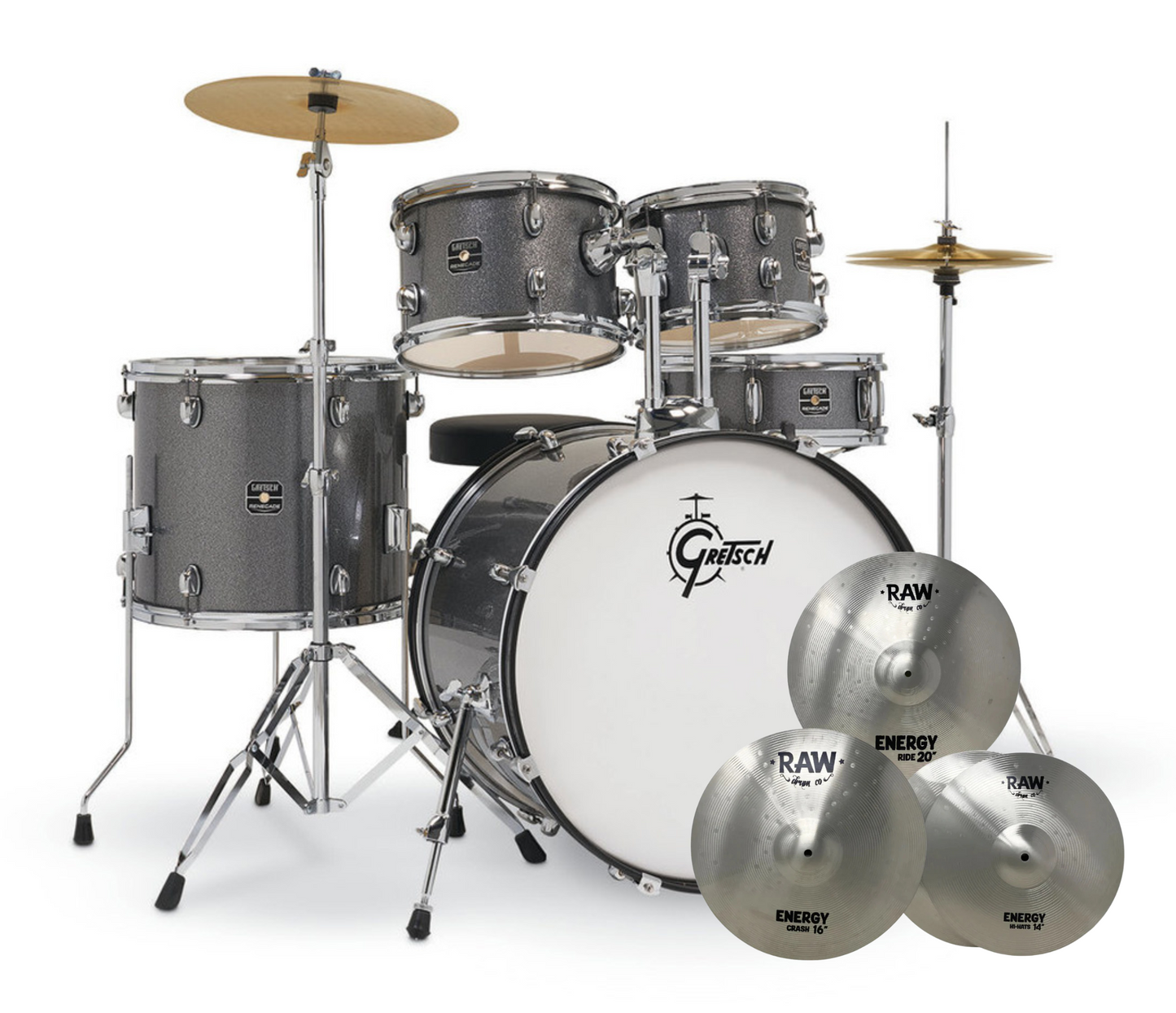 Gretsch Renegade 5-Piece Drum Kit with Hardware + RAW Cymbals in Grey Sparkle