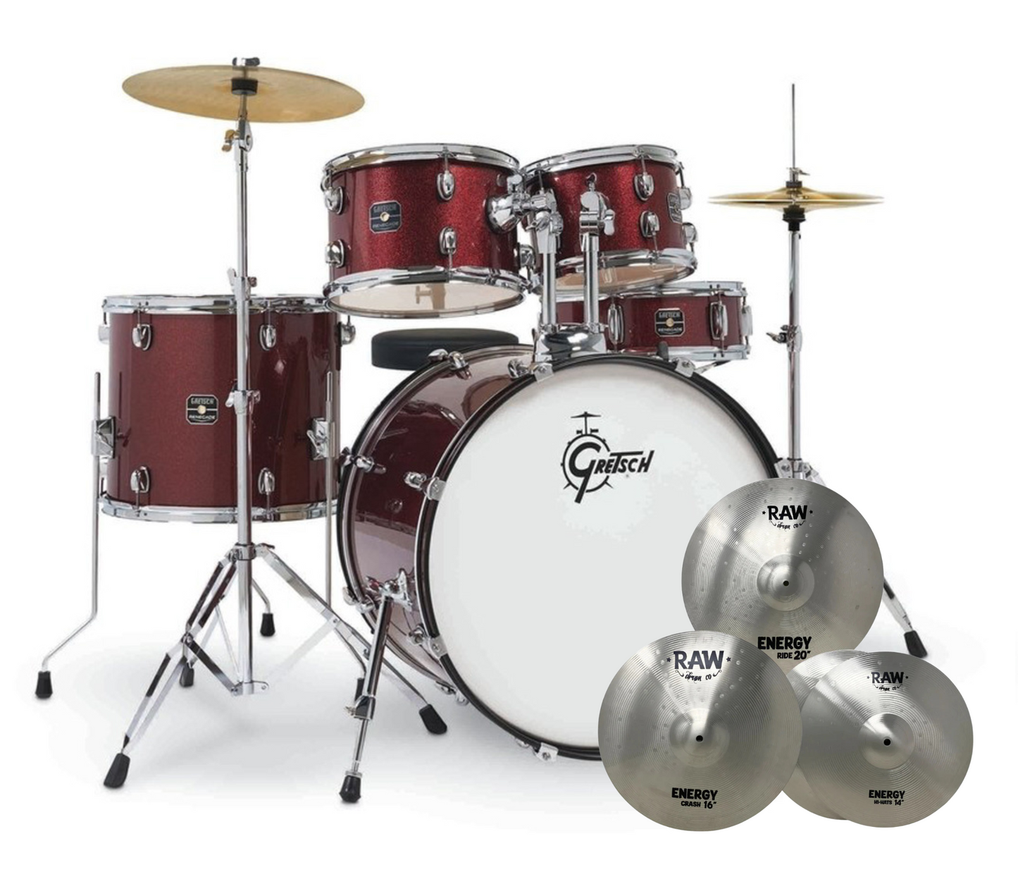 Gretsch Renegade 5-Piece Drum Kit with Hardware + RAW Cymbals in Ruby Sparkle
