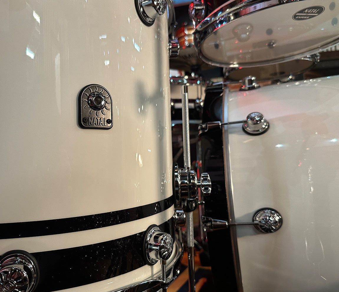 Natal Cafe Racer 4-Piece US Fusion 22" Shell Pack in Piano White & Black Sparkle Double Split Lacquer