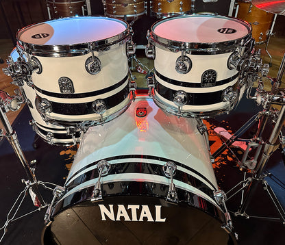 Natal Cafe Racer 4-Piece US Fusion 22" Shell Pack in Piano White & Black Sparkle Double Split Lacquer