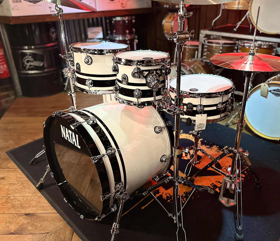 Natal Cafe Racer 4-Piece US Fusion 22" Shell Pack in Piano White & Black Sparkle Double Split Lacquer
