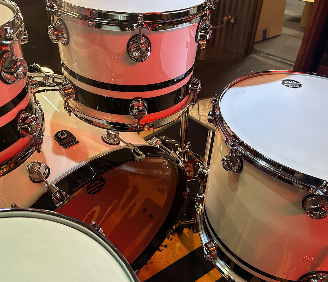 Natal Cafe Racer 4-Piece US Fusion 22" Shell Pack in Piano White & Black Sparkle Double Split Lacquer