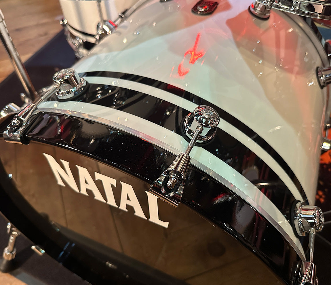 Natal Cafe Racer 4-Piece US Fusion 22" Shell Pack in Piano White & Black Sparkle Double Split Lacquer