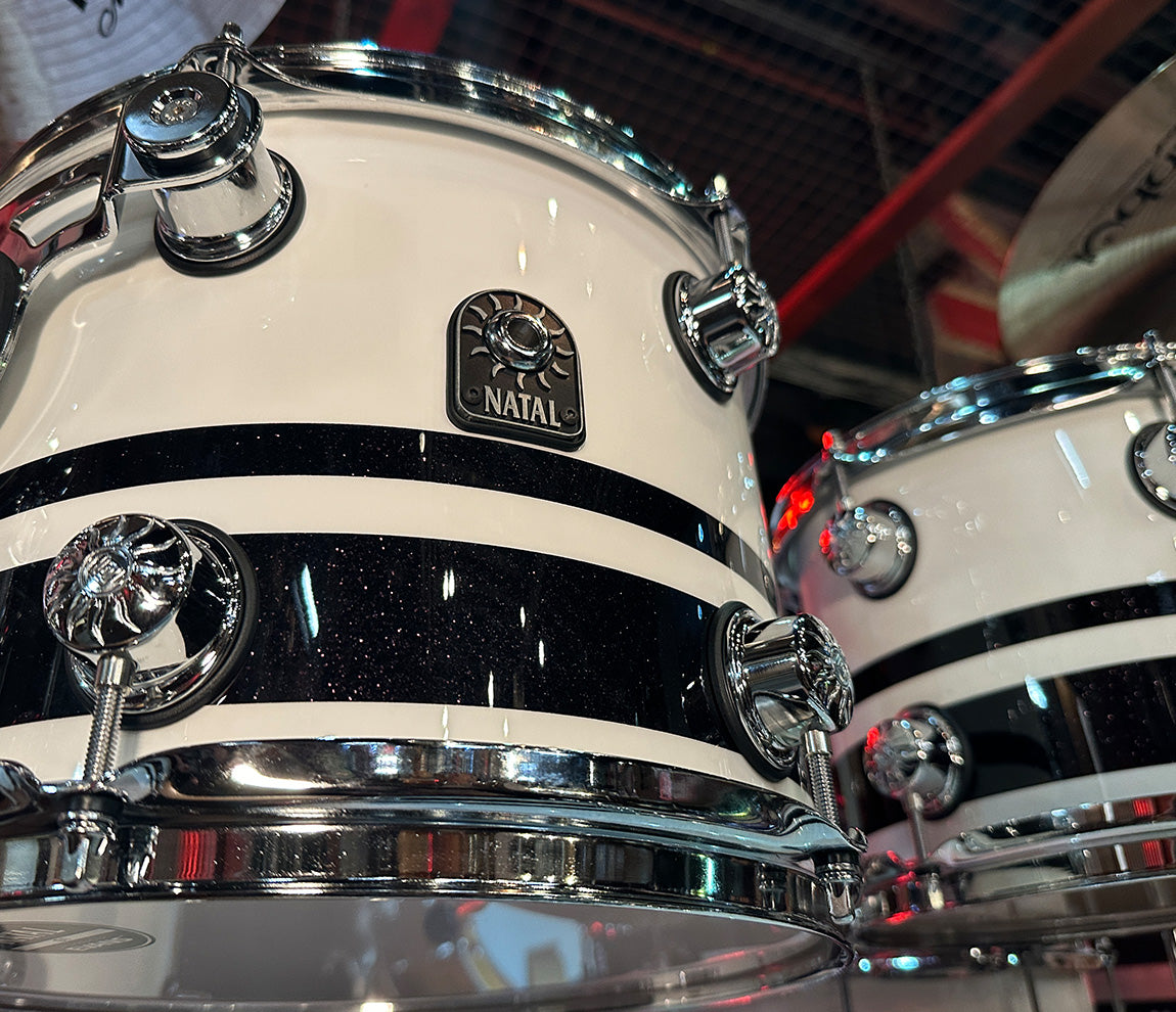 Natal Cafe Racer 4-Piece US Fusion 22" Shell Pack in Piano White & Black Sparkle Double Split Lacquer