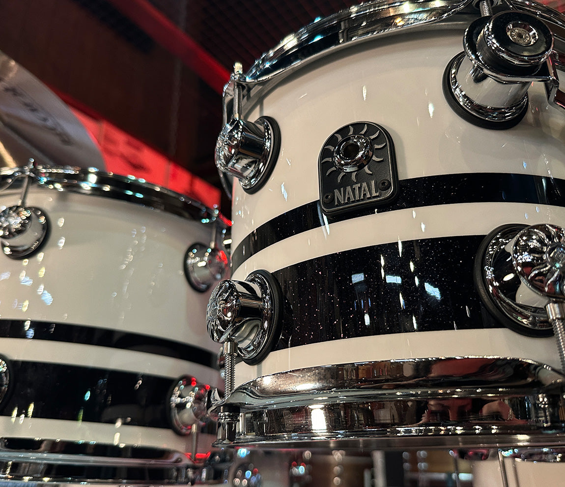 Natal Cafe Racer 4-Piece US Fusion 22" Shell Pack in Piano White & Black Sparkle Double Split Lacquer