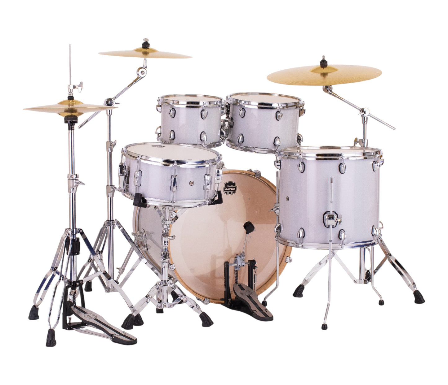 Mapex Mars diamond with cymbals and hardware view from back on a white background
