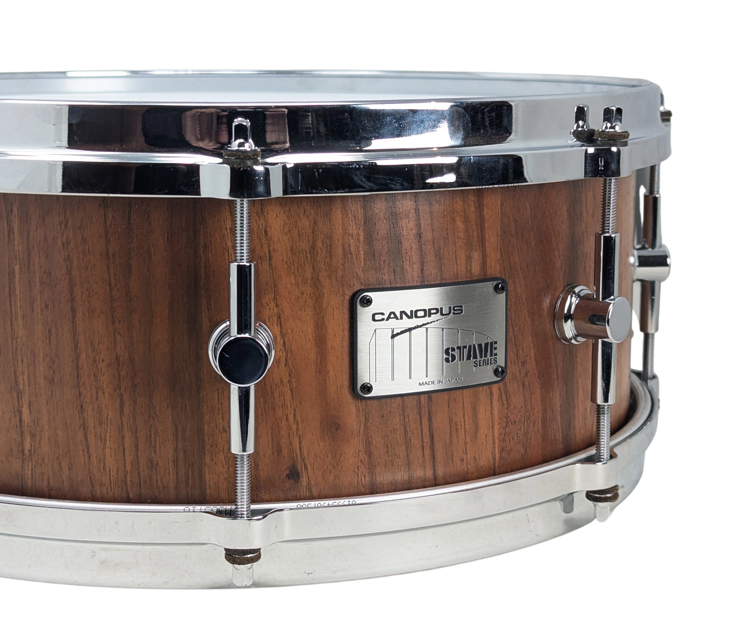 Pre Loved Canopus 14" x 6" Stave Bubinga Snare Drum badge closeup
