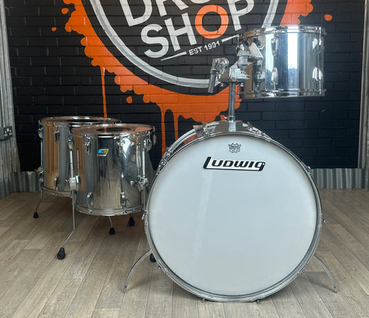 Pre Loved Ludwig Chrome-over-Maple 26" 4-Piece Shell Pack Blue/Olive Badges Circa 1979