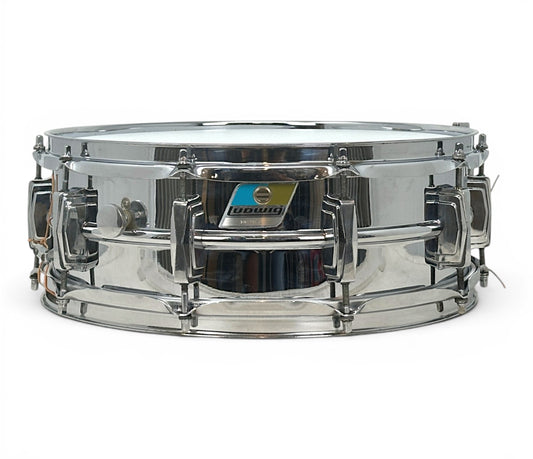 Pre-loved 1970s Ludwig LM400 Supraphonic snare drum with Blue & Olive badge – front view