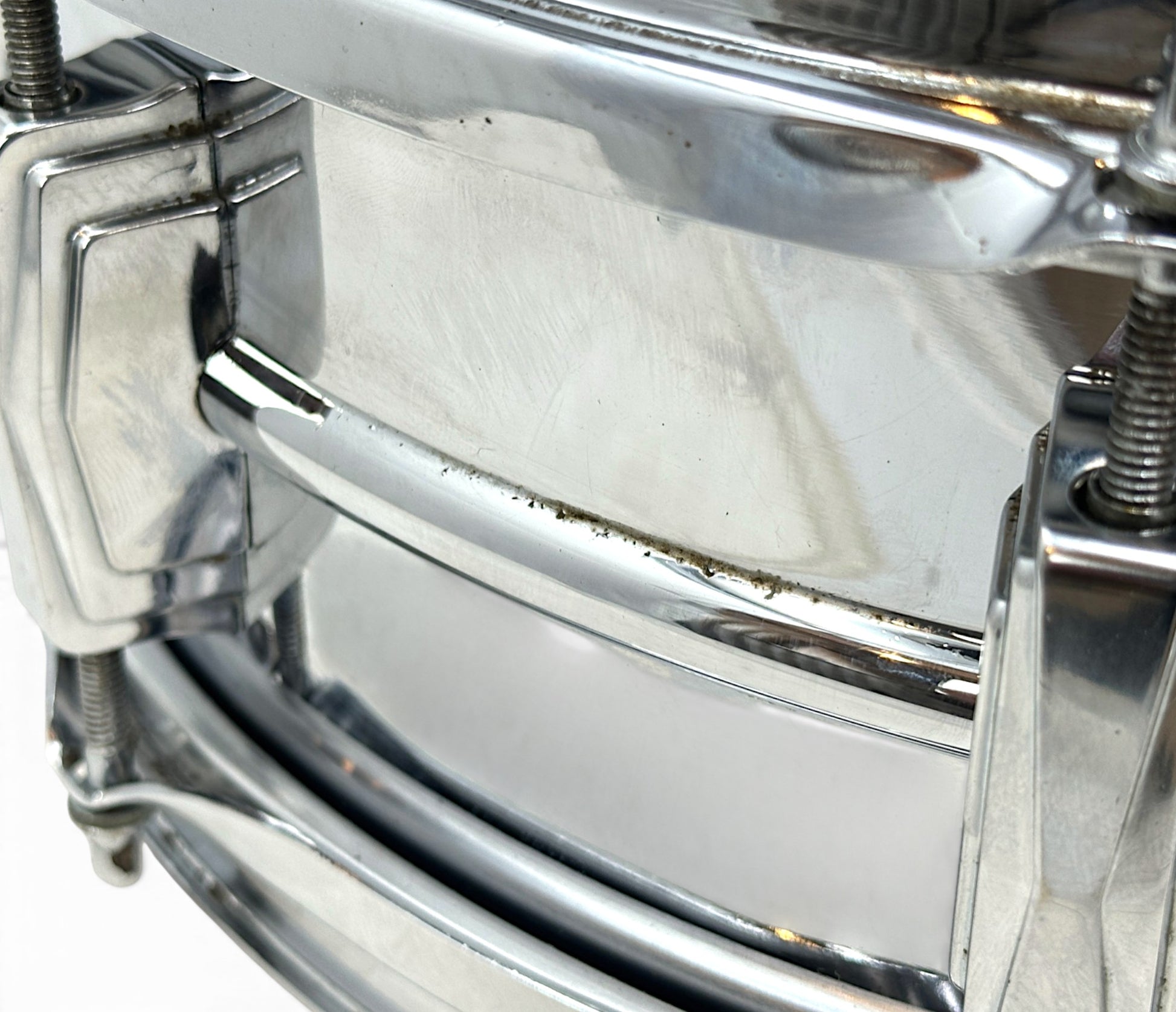 1970s Ludwig LM400 Supraphonic chrome finish and shell pitting detail