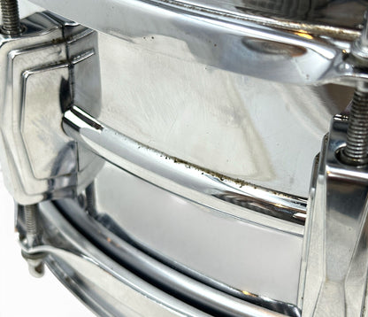 1970s Ludwig LM400 Supraphonic chrome finish and shell pitting detail