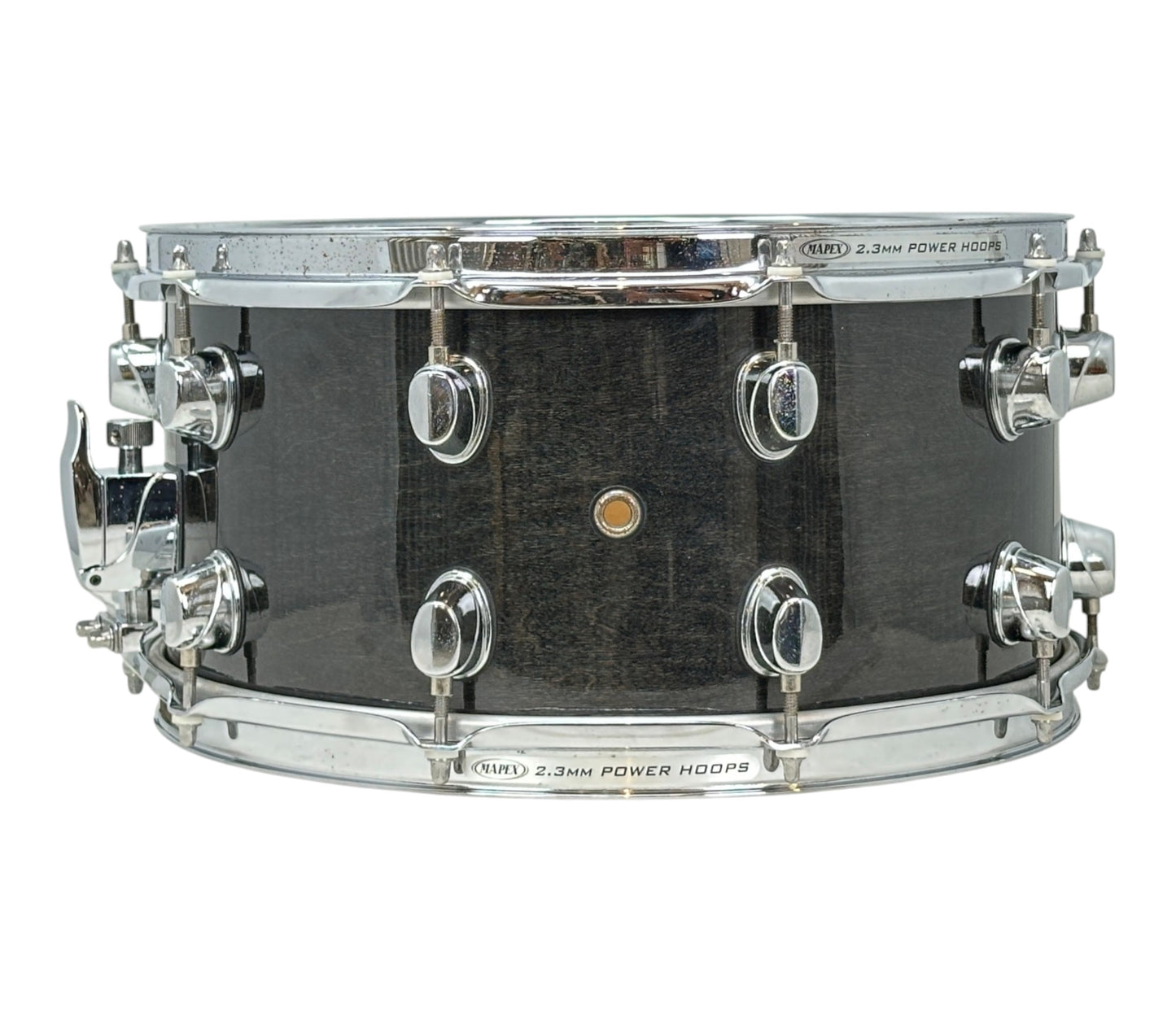 Pre-loved Mapex Pro M black maple snare – side and air vent view
