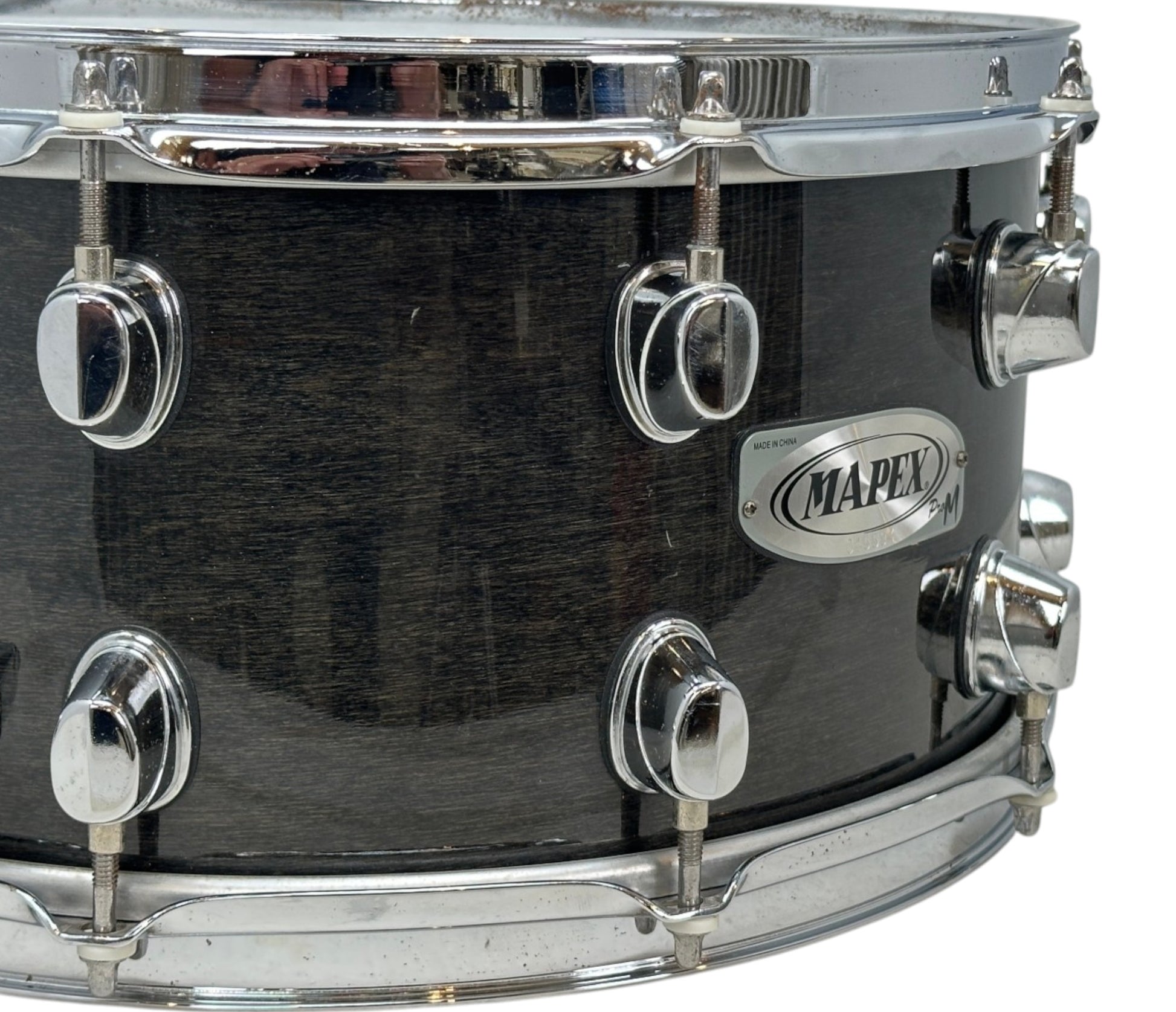 Pre-loved Mapex Pro M snare – black wood finish and badge detail