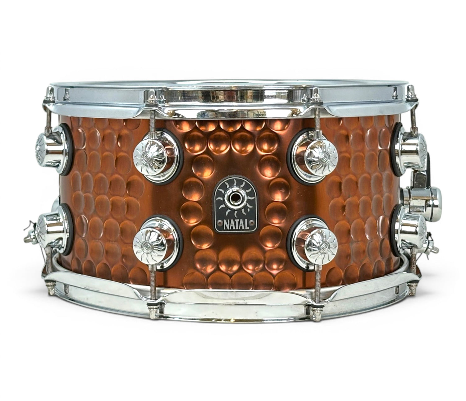 Pre-loved Natal Cafe Racer 13 x 7 hand-hammered steel snare – front view
